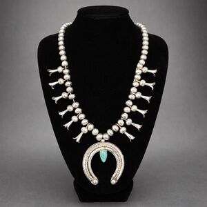 Vintage 1940s Sterling Silver Squash Blossom Necklace Turquoise Naja Pendant